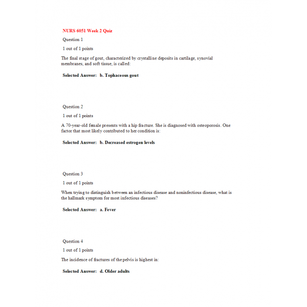 NURS 6051 Week 2 Quiz Patho NURS 6051 Week 2 Quiz Patho