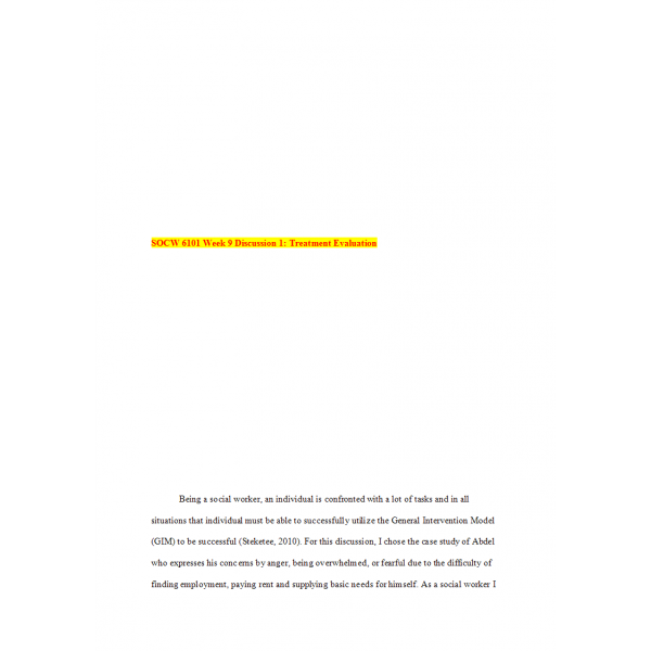 SOCW 6101 Week 9 Discussion 1, Treatment Evaluation