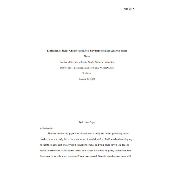 SOCW 6101 Week 10 Assignment, Client System Role-Play Reflection and Analysis Paper