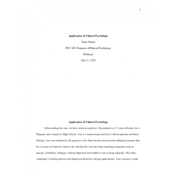 PSY 480 Week 3 Team Assignment, Application of Clinical Psychology