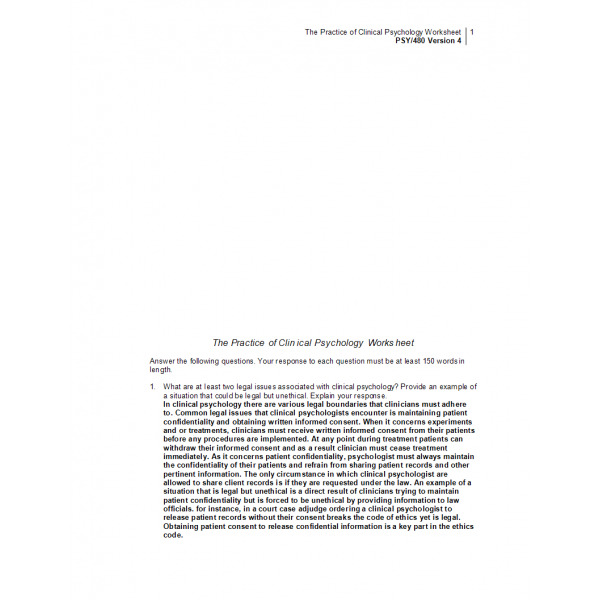 PSY 480 Week 4 The Practice of Clinical Psychology Worksheet