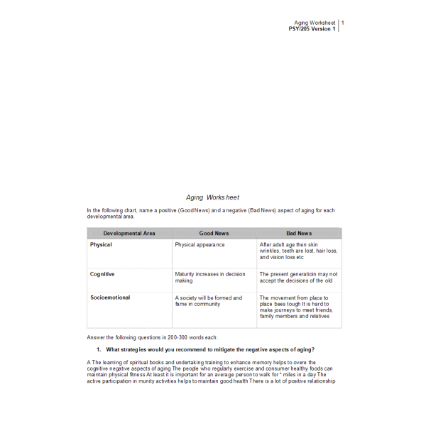 PSY 205 Week 5 Aging Worksheet PSY 205 Week 5 Aging Worksheet