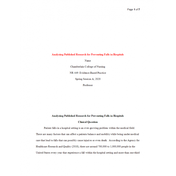 NR 449 Week 5 RUA 2, Analyzing Published Research - Preventing Falls in Hospitals