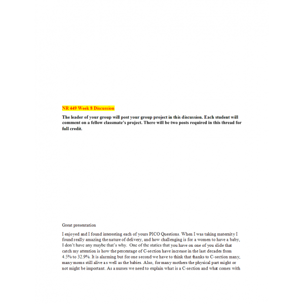 NR 449 Week 8, Feedback of Group Projects to Peers