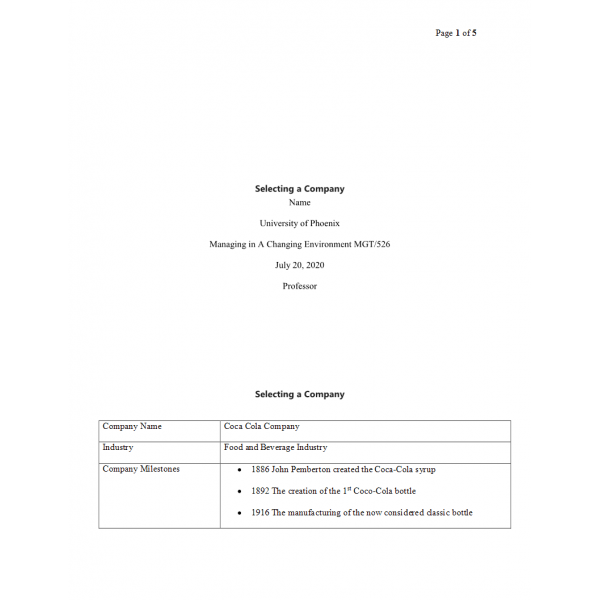 MGT 526 Week 1 Assignment, Selecting a Company (Coca-Cola) MGT 526 Week 1 Assignment, Selecting a Company (Coca-Cola)