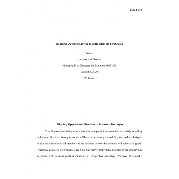 MGT 526 Week 3 Signature Assignment, Aligning Operational Needs MGT 526 Week 3 Signature Assignment, Aligning Operational Needs