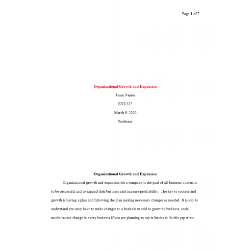 ENT 527 Week 6 Final Paper, Organizational Growth and Expansion 1