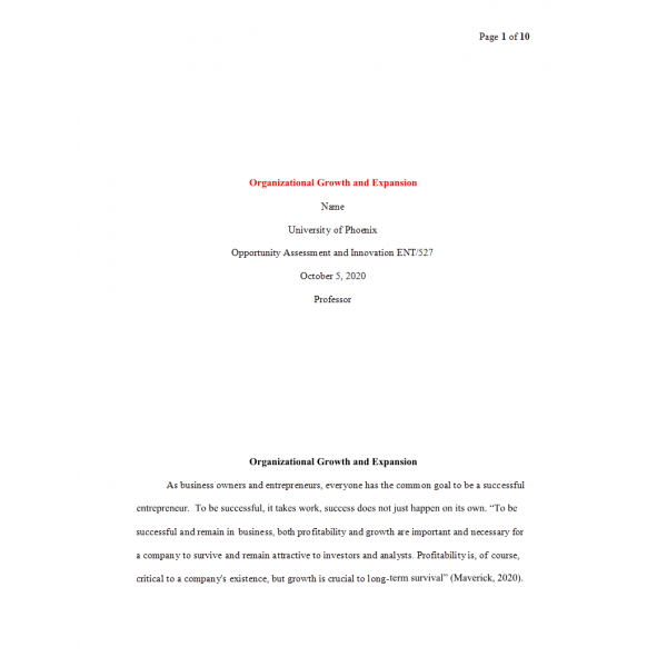 ENT 527 Week 6 Final Paper, Organizational Growth and Expansion 2
