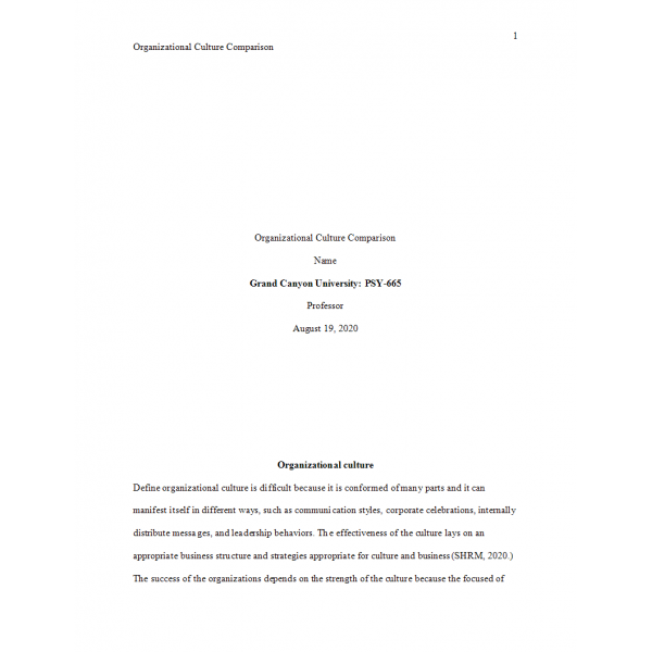 PSY 665 Week 7 Assignment, Comparision of Organizational Culture: 2021 PSY 665 Week 7 Assignment, Comparision of Organizational Culture: 2021