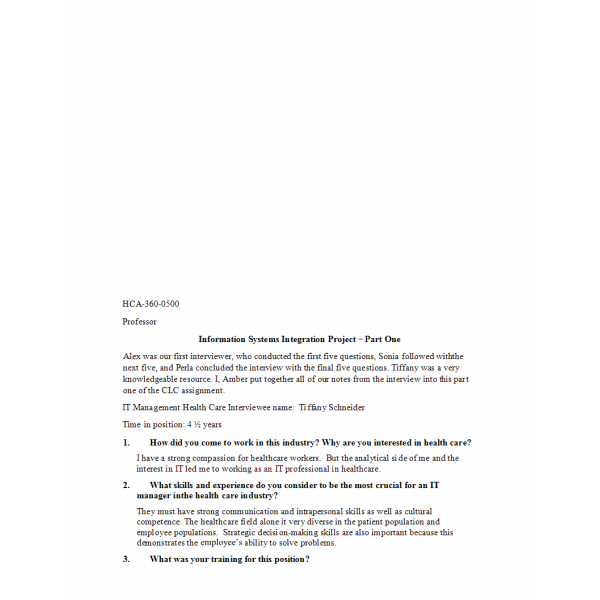 HCA 360 Week 4 CLC Information Systems Integration Project Part 1: 2021