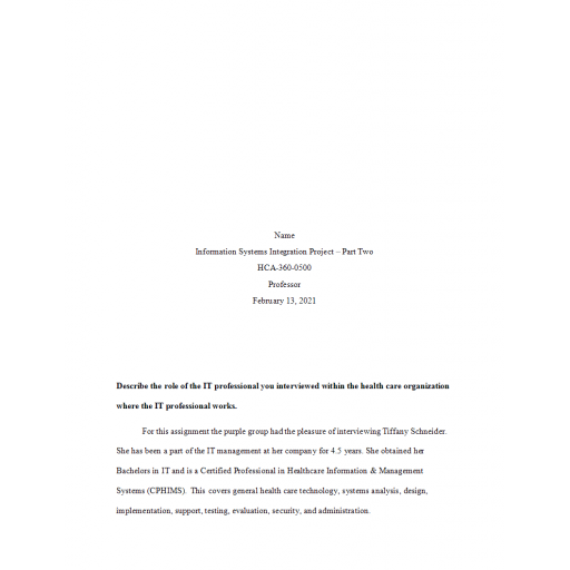 HCA 360 Week 4 Information Systems Integration Project Part Two: 2021