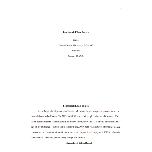 HCA 360 Week 6 Assignment, Benchmark, Ethics Breach: 2021