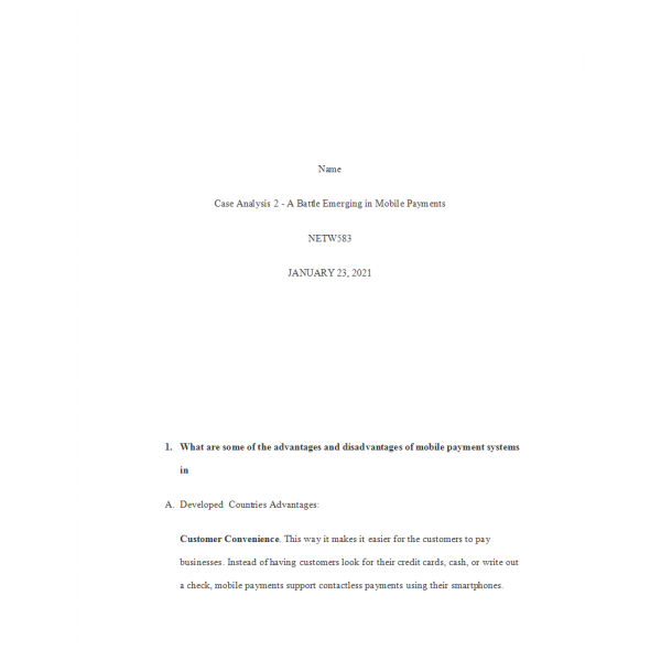 NETW 583 Week 3 Case Study 2 - A Battle Emerging in Mobile Payments
