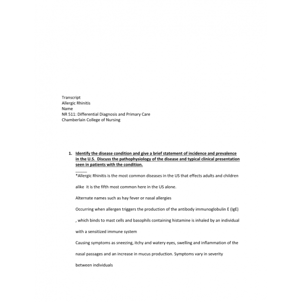 NR 511 Week 7 Transcript for PPX - Allergic Rhinitis NR 511 Week 7 Transcript for PPX - Allergic Rhinitis