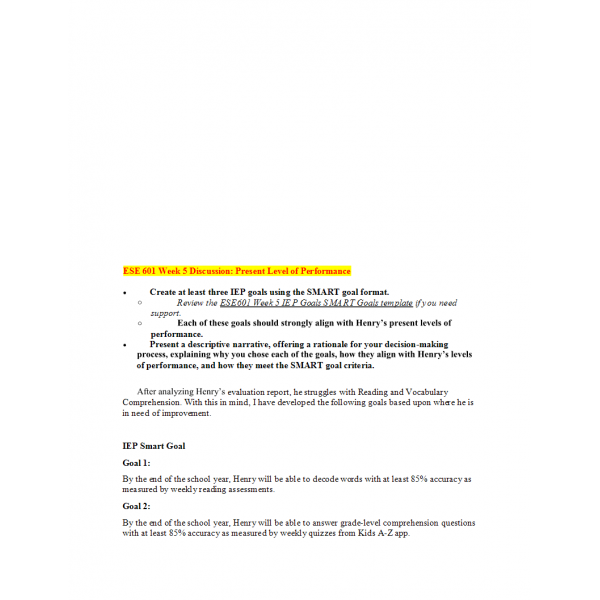 ESE 601 Week 5 Discussion, Present Level of Performance ESE 601 Week 5 Discussion, Present Level of Performance