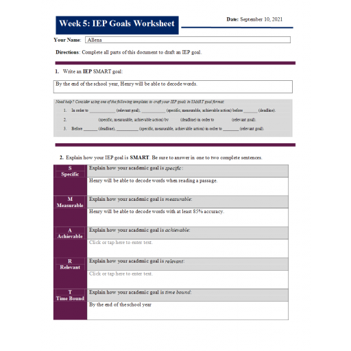 ESE 601 Week 5 IEP Goals Worksheet