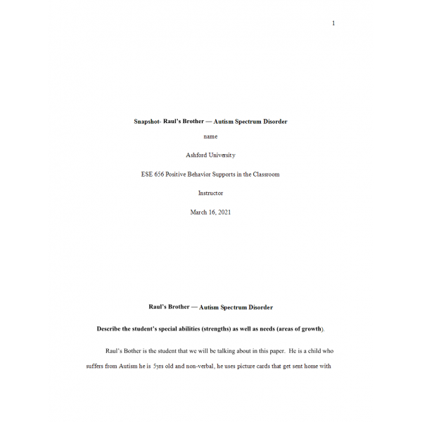 ESE 656 Week 1 Assignment, Snapshot Rauls Brother - Austim Spectrum Disorder