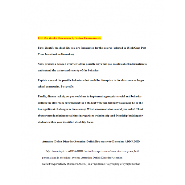 ESE 656 Week 2 Discussion 1, Positive Environment ESE 656 Week 2 Discussion 1, Positive Environment