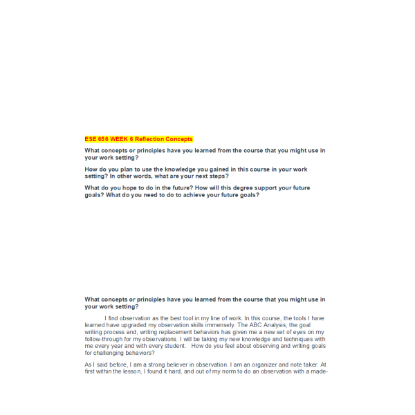 ESE 656 Week 6 Discussion, Reflection and Career Goals ESE 656 Week 6 Discussion, Reflection and Career Goals