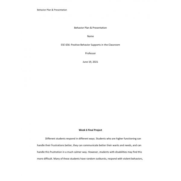 ESE 656 Week 6 Final Project, Behavior Plan and Presentation