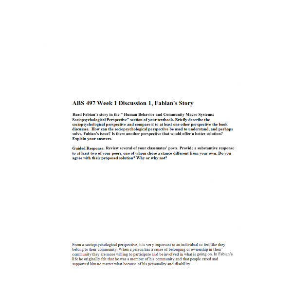 ABS 497 Week 1 Discussion 1, Fabians Story ABS 497 Week 1 Discussion 1, Fabians Story