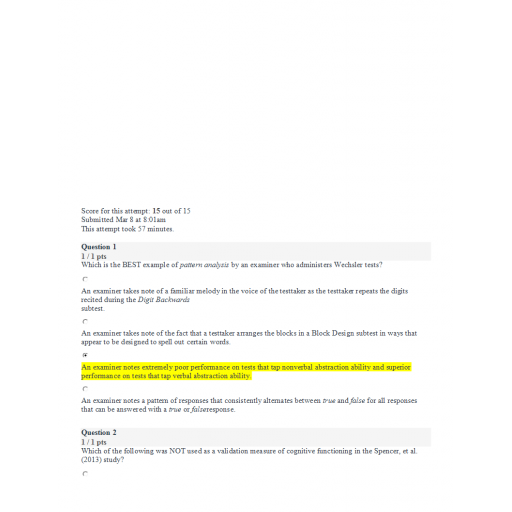 ABS 300 Week 5 Quiz, Clinical, Counseling, Neuropsychological & Forensic Assessment