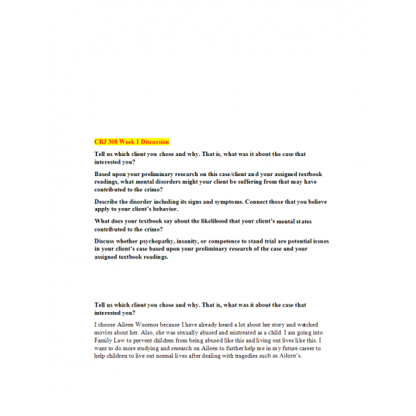 CRJ 308 Week 1 Discussion 1, Choose Your Client CRJ 308 Week 1 Discussion 1, Choose Your Client