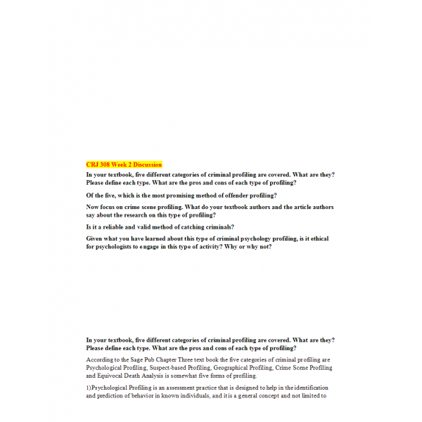 CRJ 308 Week 2 Discussion 2, Offender Profiling 2