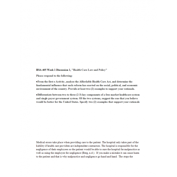 HSA 405 Week 1 Discussion 1, Health Care Policy and law HSA 405 Week 1 Discussion 1, Health Care Policy and law