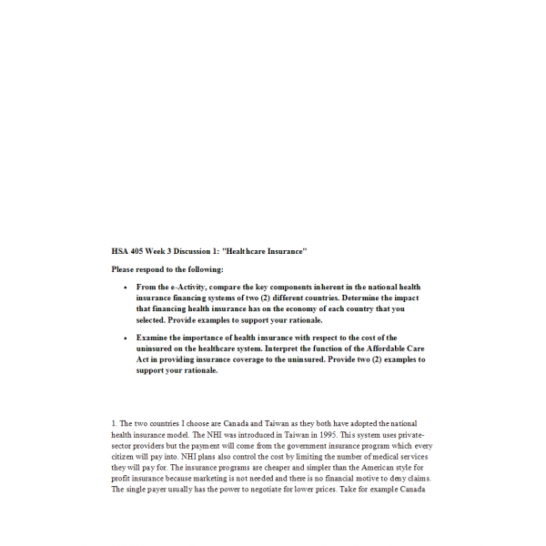 HSA 405 Week 3 Discussion 1, Healthcare Insurance HSA 405 Week 3 Discussion 1, Healthcare Insurance