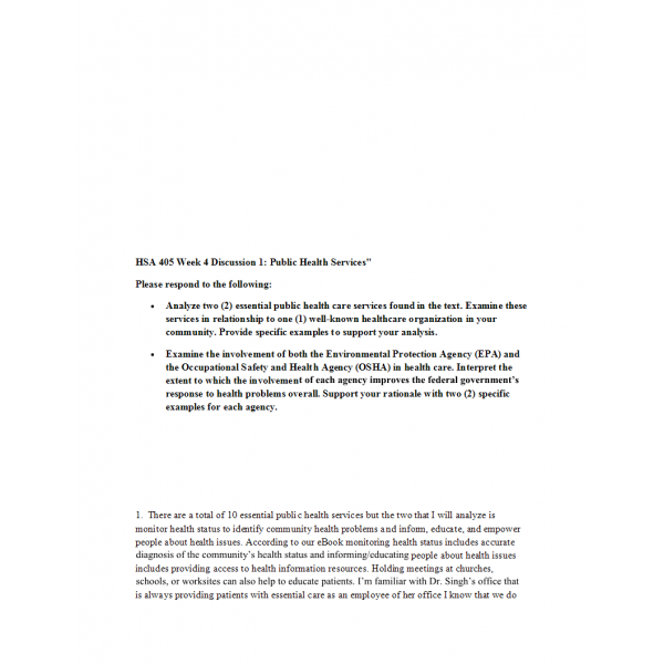 HSA 405 Week 4 Discussion 1, Public Health Services HSA 405 Week 4 Discussion 1, Public Health Services