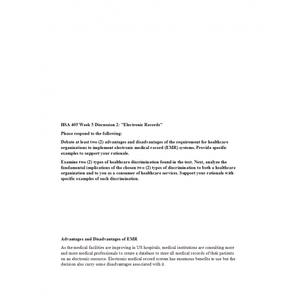 HSA 405 Week 5 Discussion 2, Electronic Records HSA 405 Week 5 Discussion 2, Electronic Records