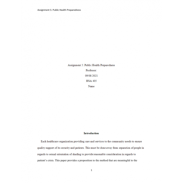 HSA 405 Week 10 Assignment 5, Public Health Preparedness