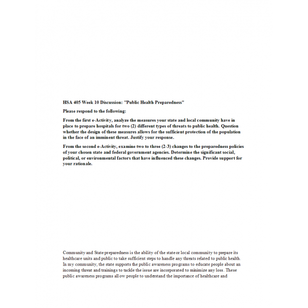 HSA 405 Week 10 Discussion 1, Public Health Preparedness HSA 405 Week 10 Discussion 1, Public Health Preparedness