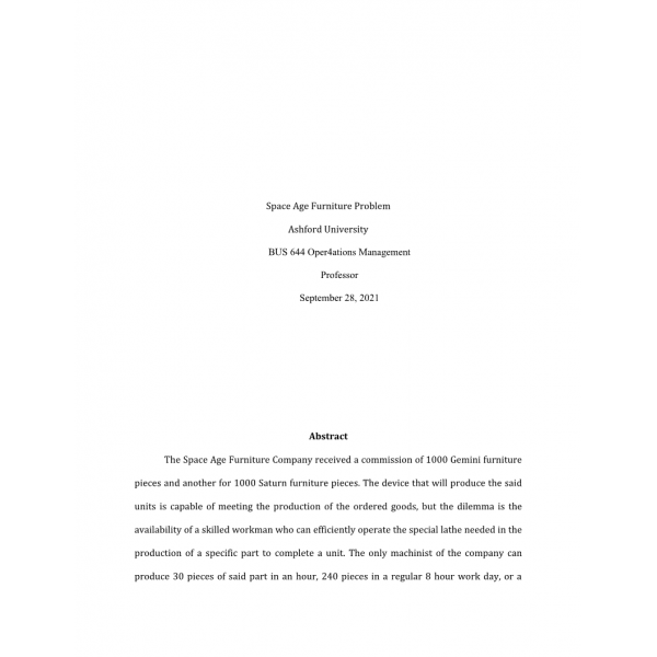 BUS 644 Week 6 Final Paper, Space Age Furniture Problem