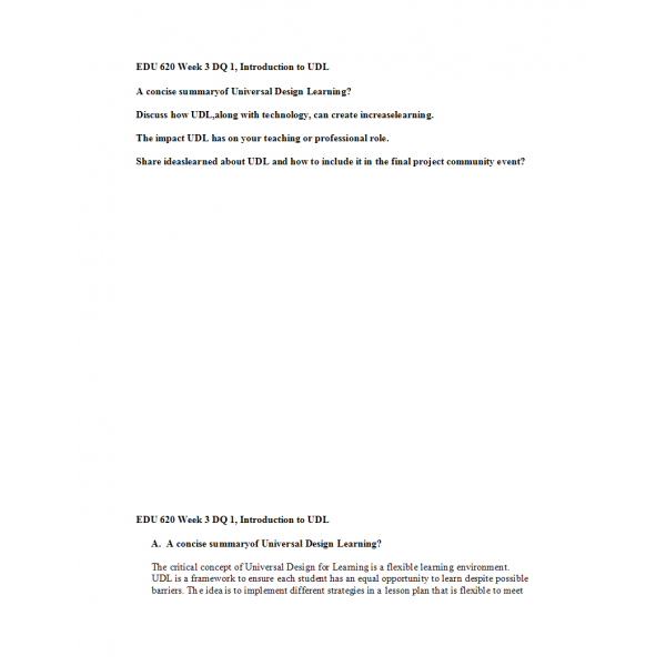 EDU 620 Week 3 DQ 1, Introduction to UDL