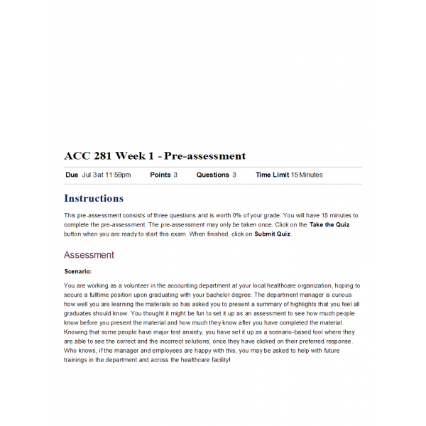 ACC 281 Week 1 Pre-Assessment 2