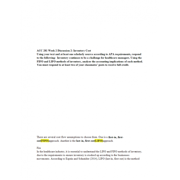 ACC 281 Week 2 Discussion 2, Inventory Cost