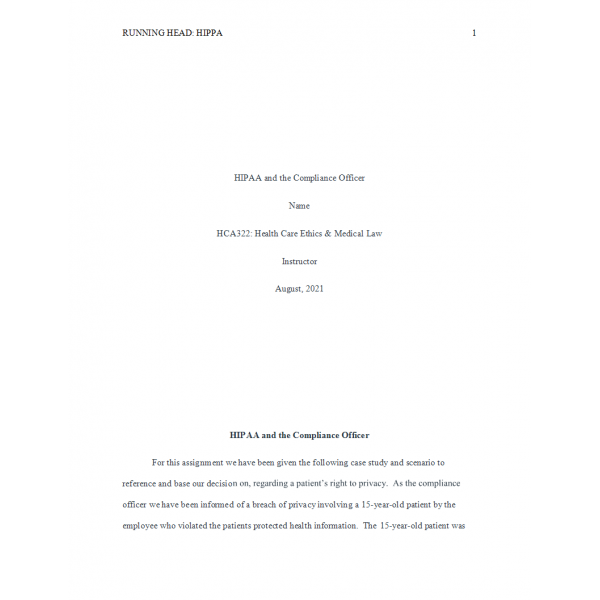 HCA 322 Week 5 Final Paper, Case Study 1, HIPAA Privacy Rule