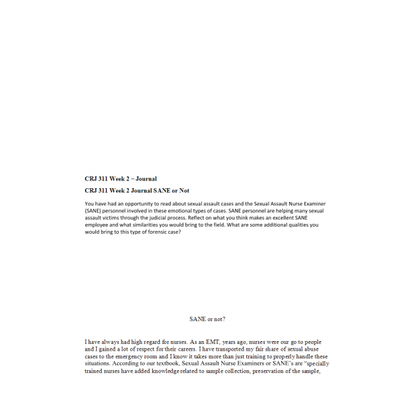 CRJ 311 Week 2 Journal, SANE or Not CRJ 311 Week 2 Journal, SANE or Not