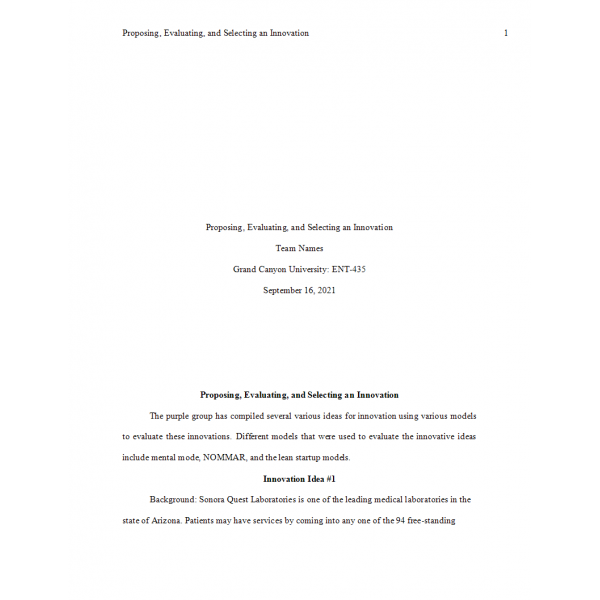 ENT 435 Week 3 CLC Assignment Phase 1, Proposing, Evaluating and Selecting an Innovation Paper 2(Gentle One)