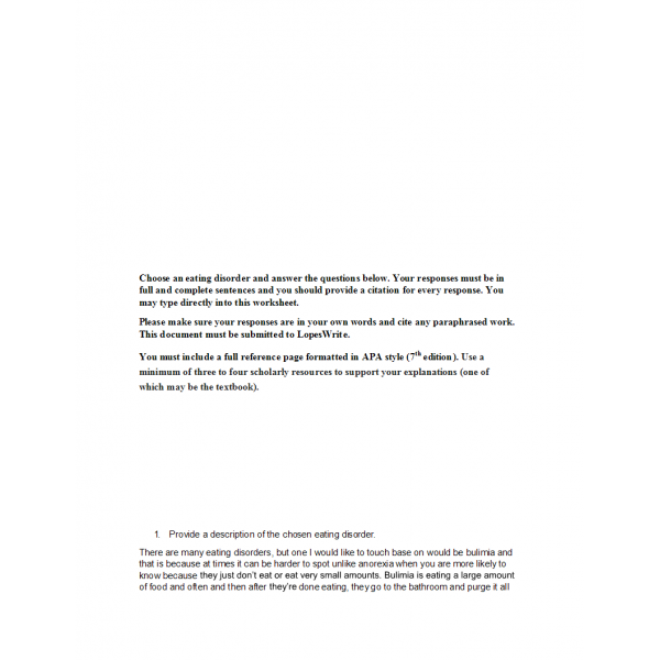 PSY 352 Topic 7 Assignment, Eating Disorder Risks and Treatment Options PSY 352 Topic 7 Assignment, Eating Disorder Risks and Treatment Options