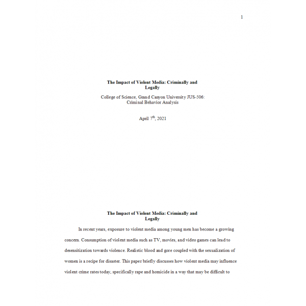 JUS 506 Topic 7 Assignment, The Impact of Violent Media JUS 506 Topic 7 Assignment, The Impact of Violent Media
