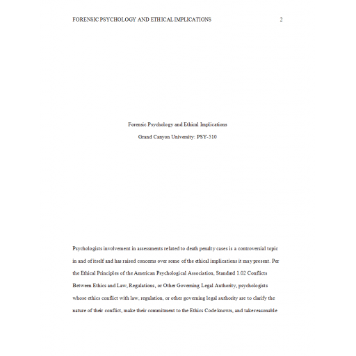 PSY 510 Topic 8 Assignment, Forensic Psychology and Ethical Implications