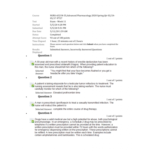NURS 6521N Final Exam - Advanced Pharmacology (93-100)