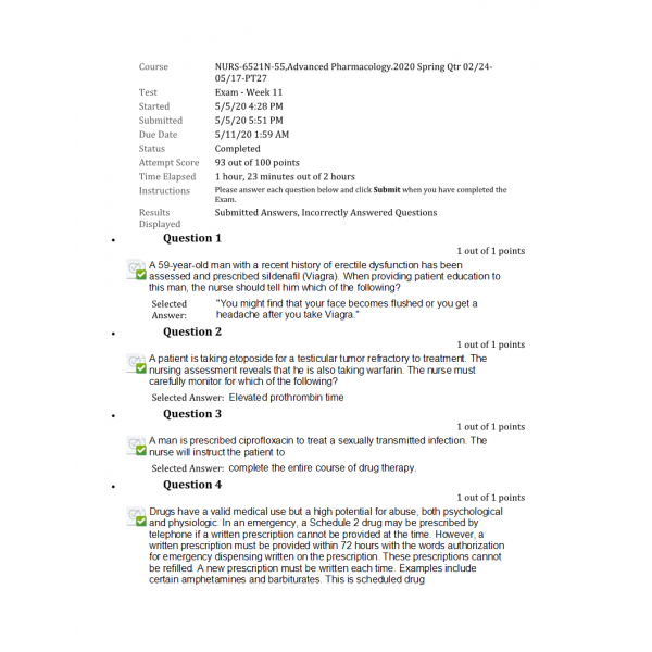 NURS 6521N Final Exam - Advanced Pharmacology (93-100)