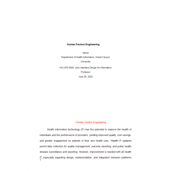 HCI 670 Topic 1 Assignment - Human Factors Engineering Paper
