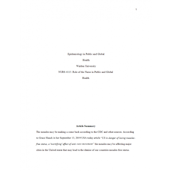 NURS 4115 Week 2 Assignment, Epidemiology in Public and Global Health