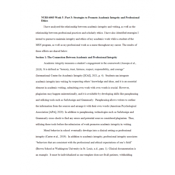 NURS 6003 Module 3 Assignment, Professional Development Plan Part 3 - Strategies to Promote Academic Integrity and Professional Ethics