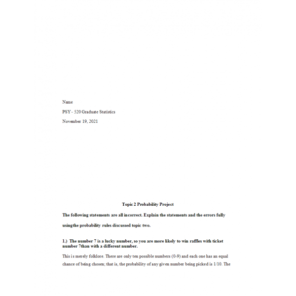 PSY 520 Topic 2 Probability Project: 2022